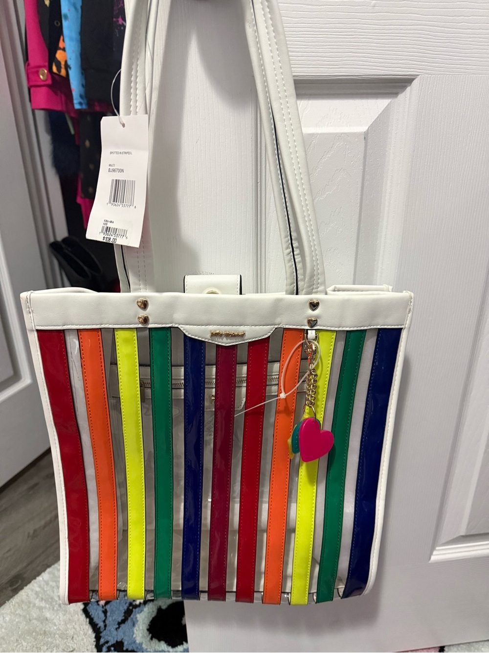 Betsey Johnson White Rainbow Stripe Tote Bag with Heart Charm